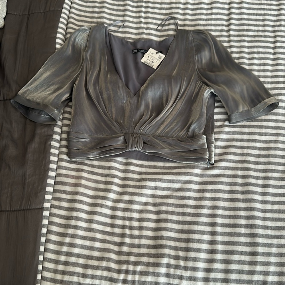 Zara Charcoal Grey Silky Silver Shimmer Cropped Blouse Top Size M